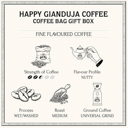 Bacha Coffee | Happy Gianduja Fine Flavoured, 100% Arabica Specialty Coffee Beans, Medium Roast, x12 Individually Wrapped Single Serve Filter Bags