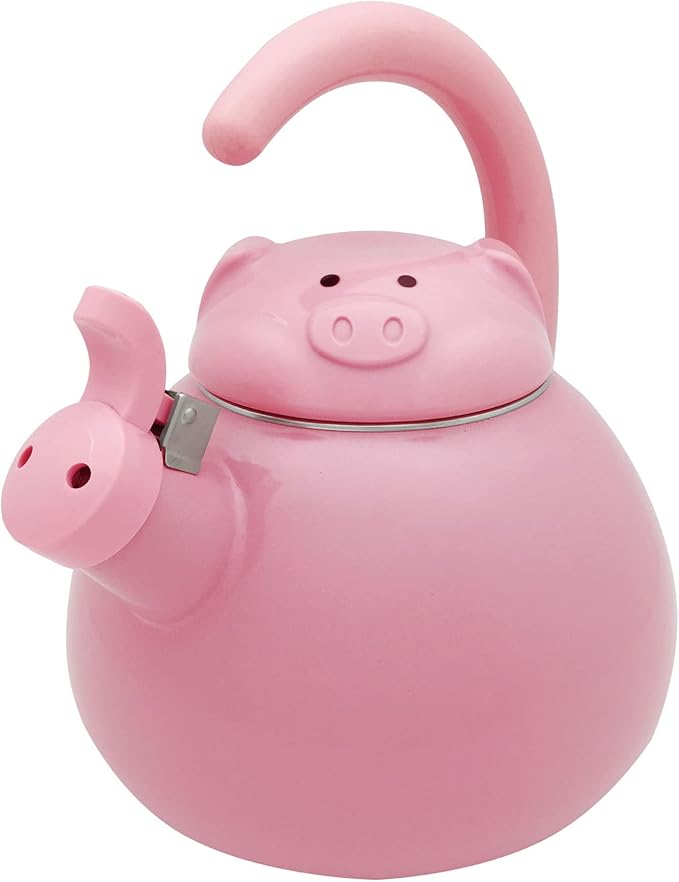 UPware Pink Pig Enamel on Steel Whistling Tea Kettle, Cute Animal Teakettle, 2.1 Quart
