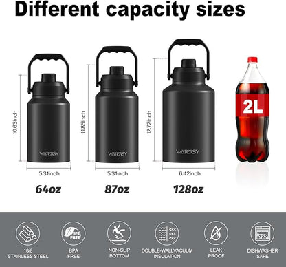 BPA Free & Leak Proof Insulated Large Stainless Steel Water Bottle with Handle (Cold for 48 Hrs), Big Thermo Jug for Gym, Hiking, Camping & Travel, Black, 128oz ( 1 gallon)