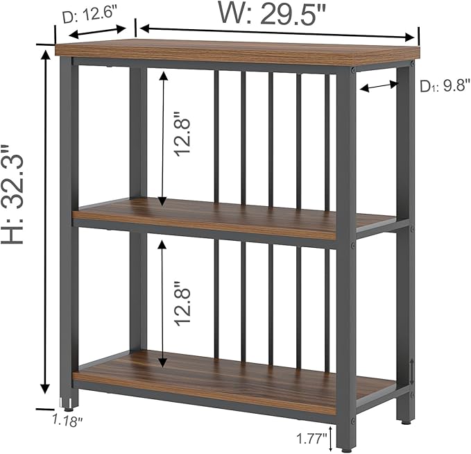 FOLUBAN Bookshelf, Small Modern 3 Tier Bookcase, Wood and Metal Standing Storage Book Shelves for Living Room, Office, Bedroom (Rustic Walnut)