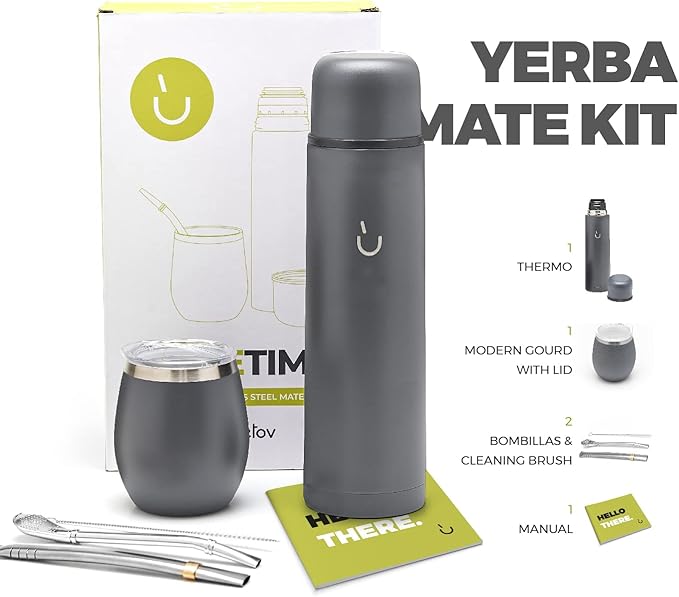BALIBETOV Complete Yerba Mate Set - Modern Mate Gourd, Thermal Flask, Bombilla and Cleaning Brush Included - All Premium Quality 304 18/8 Stainless Steel (Gray)