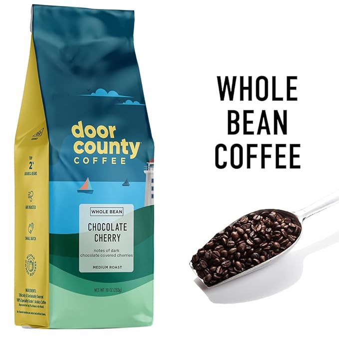 Door County Coffee Chocolate Cherry Flavored Whole Bean - 10 oz Bag - Medium Roast - 100% Specialty Arabica - Flavored Gourmet - Chocolate Cherry