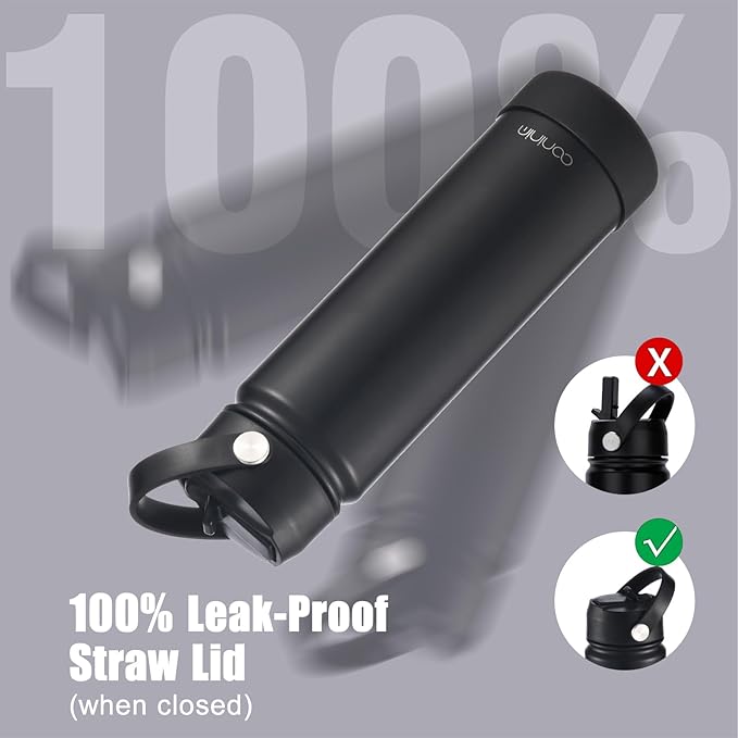 mininoo Insulated Stainless Steel Water Bottle with Straw and Lid for Sports, 24 oz, Midnight Black