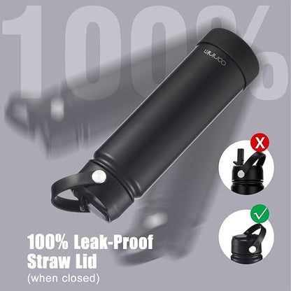 mininoo Insulated Stainless Steel Water Bottle with Straw and Lid for Sports, 24 oz, Midnight Black