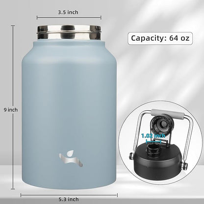 Half Gallon Jug with Handle,64 oz Insulated Water Bottle with Carrying Pouch,Double Wall Vacuum Stainless Steel Metal Bottle,Storm Blue