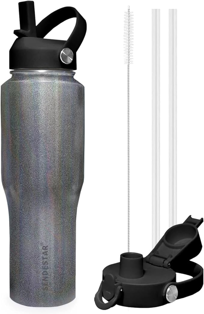 SENDESTAR 40oz Stainless Steel Water Bottle(Cold for 48 Hrs, Hot for 24 Hrs),Double Wall Vacuum Insulated Bottle with Straw Lid, Spout Lid and Flex Cap, Fit in Any Car Cup Holder TXIN-40-Laser Grey
