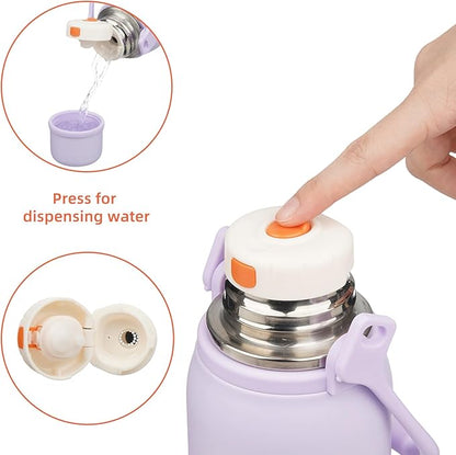 Insulated Water Bottle with Handle and Strap,Vacuum Travel Tumbler with Cup Lid,Thermo Coffee Cup for Hot Cold Drinks 27 OZ,Purple