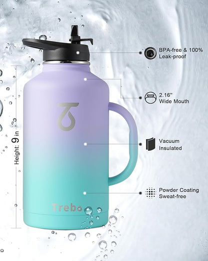 Trebo 64oz Water Bottle Insulated with Straw Lids,Half Gallon Double Wall Vacuum Stainless Steel Metal Large Jug with Handle,Wide Mouth Flask Mug with Carry Pouch,Keep Cold Hot,Ombre: Purple Green