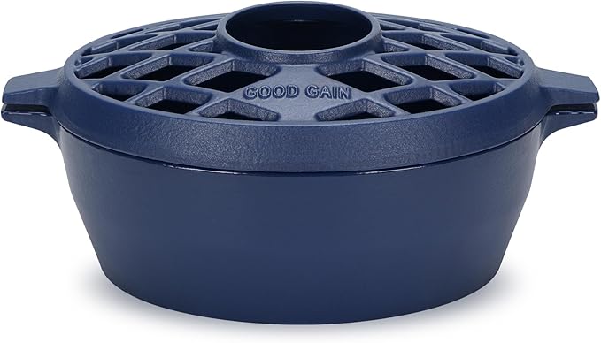 G Good Gain Wood Stove Steamer, Fireplace Humidifier, Cast Iron Humidifier for Stove, Matte Blue Finish, Rust Resistant, Lattice Top, 2.5 Quart Capacity, Wood Burning Stove Indoor Decorative