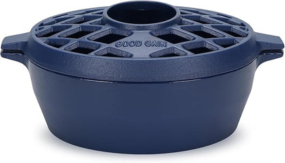 G Good Gain Wood Stove Steamer, Fireplace Humidifier, Cast Iron Humidifier for Stove, Matte Blue Finish, Rust Resistant, Lattice Top, 2.5 Quart Capacity, Wood Burning Stove Indoor Decorative