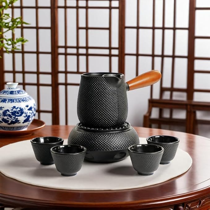 Japanese Cast Iron Tea Cups, Small and Heavy Teacups with no Handles, Japanese Style Cup for Adults, Asian Teacups, Coated with Enameled Interior, 4 Pcs/Box (Black, 2oz/60ml)