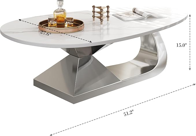 Modern Coffee Table with Silver Stainless Steel Pedestal,Oval Living Room Table with Faux Marble Top,Sintered Stone Cocktail Center Table Marble Grain,51.20inch