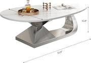 Modern Coffee Table with Silver Stainless Steel Pedestal,Oval Living Room Table with Faux Marble Top,Sintered Stone Cocktail Center Table Marble Grain,51.20inch