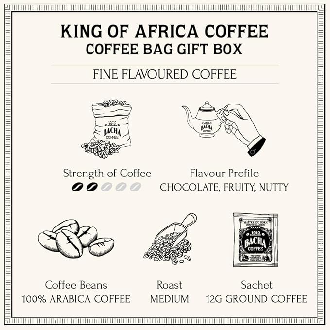 Bacha Coffee | King of Africa Fine Flavoured, 100% Arabica Specialty Coffee Beans, Medium Roast, x12 Individually Wrapped Single Serve Filter Bags