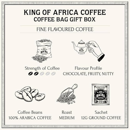 Bacha Coffee | King of Africa Fine Flavoured, 100% Arabica Specialty Coffee Beans, Medium Roast, x12 Individually Wrapped Single Serve Filter Bags