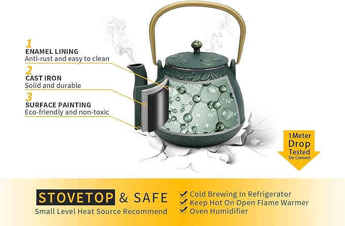 Tea Kettle, TOPTIER Japanese Cast Iron Teapot with Infuser, Leaf Design Cast Iron Tea Pot Stovetop Safe Coated with Enameled Interior for 40 Ounce (1200 ml), Dark Green
