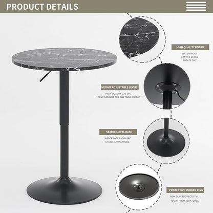 23.6" Round Bar Table, Adjustable Height, MDF Top with Metal Support, Suitable for Cafe, Kitchen Island, Counter, Black