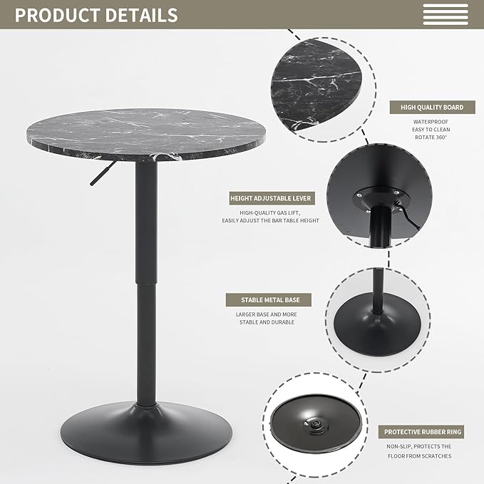 23.6" Round Bar Table, Adjustable Height, MDF Top with Metal Support, Suitable for Cafe, Kitchen Island, Counter, Black