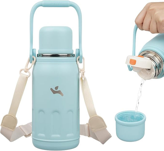 Insulated Water Bottle with Handle and Strap,Vacuum Travel Tumbler with Cup Lid,Thermo Coffee Cup for Hot Cold Drinks 27 OZ,Cyan Blue