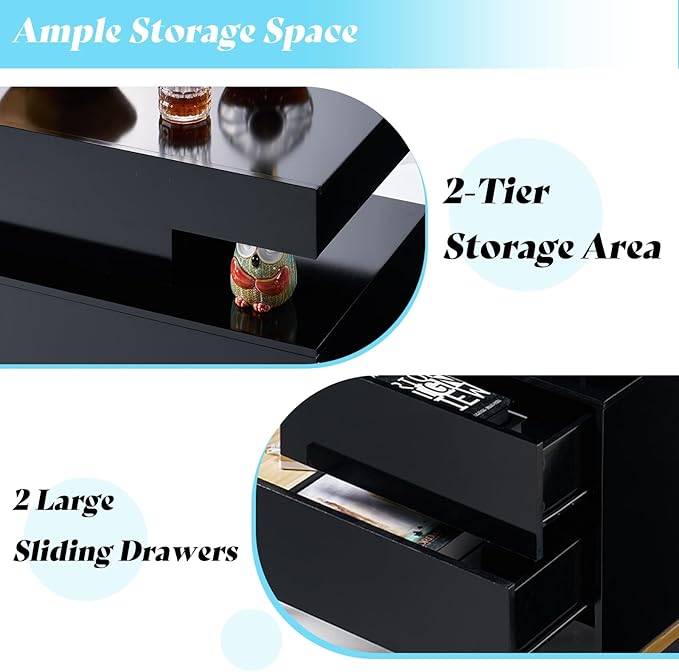 AMERLIFE High Gloss 3 Pieces Living Room Table Set, Modern LED Coffee Table Sets of 3, 2-Tier Center Table with 2 End Side Tables, LED Lights Bedside Table Nightstands with Charging Station, Black