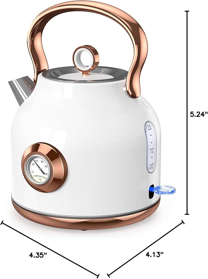 Retro Electric Kettle, 1.7L Stainless Steel Tea Kettle with Large Temperature Gauge, 1500W Fast Heating Hot Water Boiler with LED Indicator, Auto Shut-off & Boil-Dry Protection-Reteo White