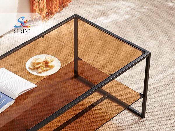 Shrine Brown Glass Coffee Table, Modern Design, Dual-Layer Coffee Table for Living Room, Black Metal Frame, Brown Glass Top