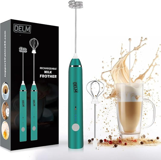 Delm Milk Frother Electric USB Stainless Steel Accessory - Frother Wand Foam Maker for Lattes - Milk Frother Handheld for Cappuccino, Frappe, Matcha, Hot Chocolate - Frother for Coffee (green)