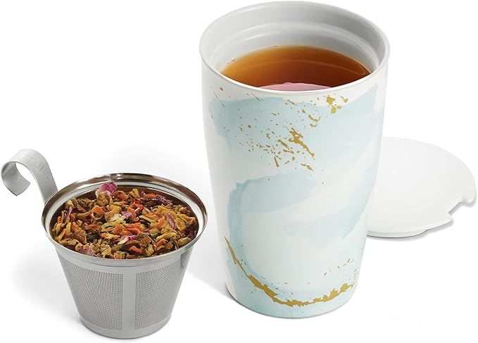 Tea Forte Wellbeing Double-Walled Ceramic Kati Cup with Removable Stainless Steel Infuser Basket and Lid, Steeps 12 oz Loose Leaf Tea, Lid and Cup Dishwasher & Microwave Safe