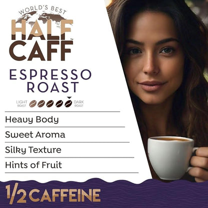 World's Best Half Caff Espresso Roast Coffee Pods, 100 ct, Dark Roast in Recyclable Single Serve Pods – 100% Arabica Coffee, Compatible with Keurig K Cups Maker
