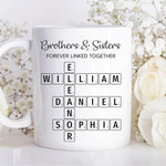 Load image into Gallery viewer, Family Forever Linked Together Custom Names Ceramic Mug, Crossword Puzzle Art, for Birthday, Anniversary or Special Occasions (Brothers &amp; Sisters Forever Linked Together White Mug Ver 1)