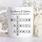 Family Forever Linked Together Custom Names Ceramic Mug, Crossword Puzzle Art, for Birthday, Anniversary or Special Occasions (Brothers & Sisters Forever Linked Together White Mug Ver 1)