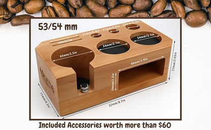 Espresso Tamping Station With Tools - 51, 53, 54 mm - Includes Coffee Tamper, Distributor, Dosing Funnel & Brush - Wooden Coffee Tamper Station - Espresso Organizer & Portafilter Holder