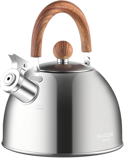 Tea Kettle, 18/8 Stainless Steel Whistling Teapot, 2.1 Quart Camping Tea Kettle for Stovetop, Water Coffee Pot with Anti-Hot Wood Handle (2L,Silver)
