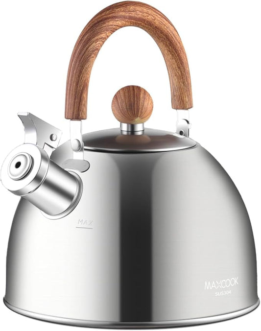 Tea Kettle, 18/8 Stainless Steel Whistling Teapot, 2.1 Quart Camping Tea Kettle for Stovetop, Water Coffee Pot with Anti-Hot Wood Handle (2L,Silver)