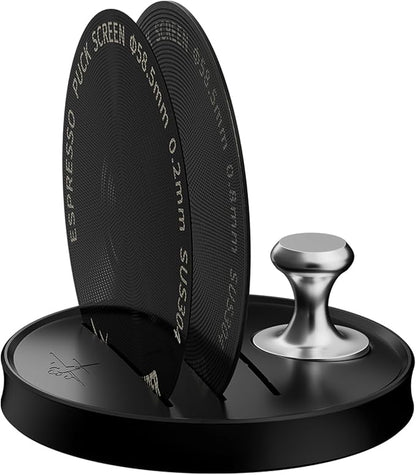 MHW-3BOMBER 58mm Espresso Puck Screen - 0.2mm Ultra Thin Espresso Puck - Metal Reusable Coffee Filter for Portafilter Basket 58mm - Puck Screen with Stand FG7053B-OS