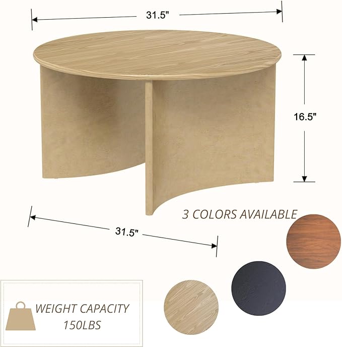 31.5″ Round Coffee Table, Natural Wooden Circle Coffee Table with Curved Base, Solid Wood, Ideal for Living Room, Apartment, Compact Place