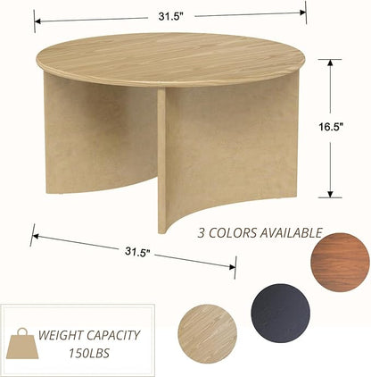 31.5″ Round Coffee Table, Natural Wooden Circle Coffee Table with Curved Base, Solid Wood, Ideal for Living Room, Apartment, Compact Place