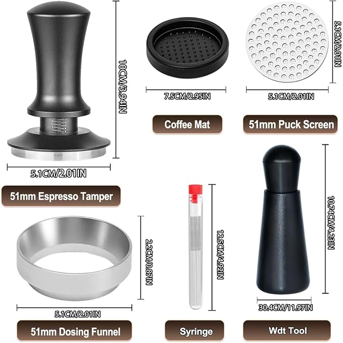 Coffee Espresso Tamper 51mm with WDT Tool Calibrated Spring Loaded,wdt tool espresso and Silicone Tamper Mat,Dosing funnel and coffee puck screen,Black espresso accessories Tool,12 replacement needles