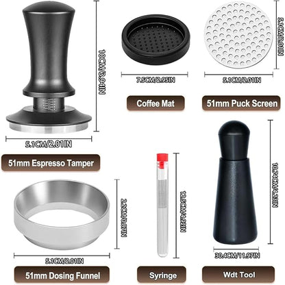 Coffee Espresso Tamper 51mm with WDT Tool Calibrated Spring Loaded,wdt tool espresso and Silicone Tamper Mat,Dosing funnel and coffee puck screen,Black espresso accessories Tool,12 replacement needles