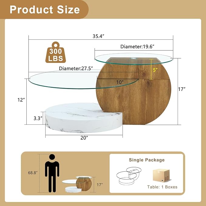 35 Inch Glass Coffee Table，Round Coffee Table with 2-Tier Tempered Glass Tabletop，Easy to Clean Circle Coffee Table with Sturdy Base for Living Room，Office （Brown & White Marble Colored Base）