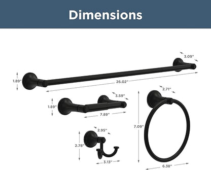 Franklin Brass Woodruff 4-Piece Bathroom Set Matte Black 18" + 6" Towel Rack, Toilet Paper Holder, Hand Towel Holder, Hook | 4-Piece Bath Hardware Accessories Set WDRF64-MB