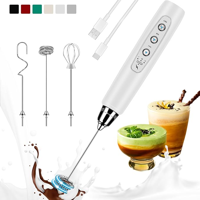 Milk Frother Handheld Rechargeable, Frother Wand Drink Mixer Electric Whisk for Coffee, Detachable With 3 Stainless Whisks, Hand Mixer for Lattes, Cappuccino, Matcha, Egg, No Stand, White