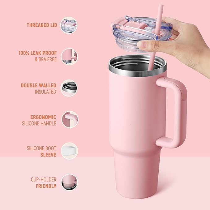 COKTIK 40 oz Tumbler With Handle and Straw Lid, Vacuum Insulated Travel Coffee Mug Stainless Steel Insulated Cup for Beverages, Leak-proof, Cupholder Friendly (Blush)