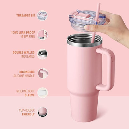 COKTIK 40 oz Tumbler With Handle and Straw Lid, Vacuum Insulated Travel Coffee Mug Stainless Steel Insulated Cup for Beverages, Leak-proof, Cupholder Friendly (Blush)