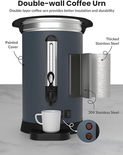 Commercial 100-Cup Stainless Steel Coffee Urn ， 12L/3.2Gal Electric Coffee Maker with Double Wall Insulation ，Hot Beverage Dispenser for Events, Catering & Buffets