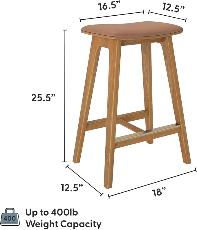 Plank+Beam Beryl Counter Height Stool - Mid-Century Modern Rubberwood Bar Stool with Faux Leather Seat, Metal Footrest, Easy Assembly, 4-Pack, Pecan/Toffee