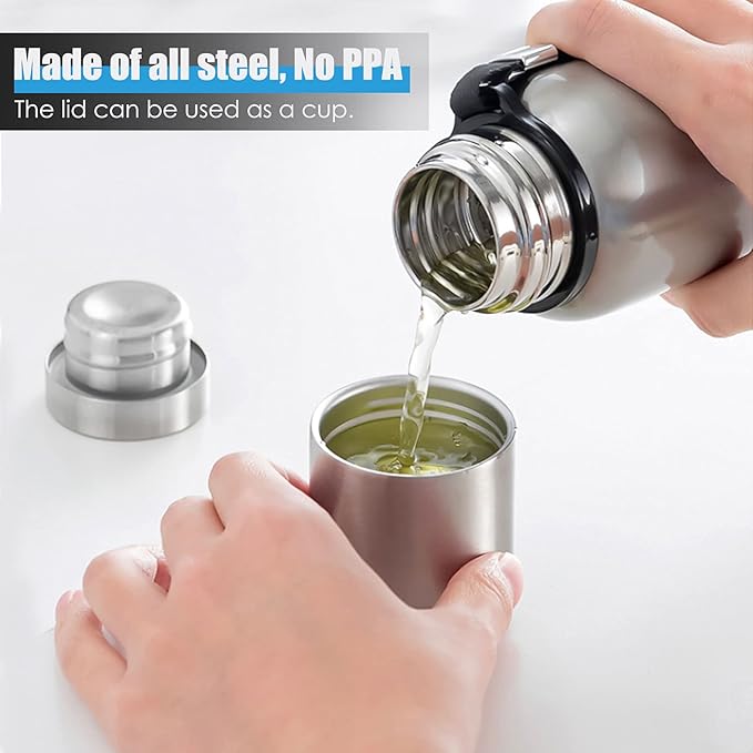 Insulated vacuum Thermo Bottle 1500ml/50.7oz with cup Stainless steel coffee bottles for hot and cold drink water flask.(Silver,1500ml)