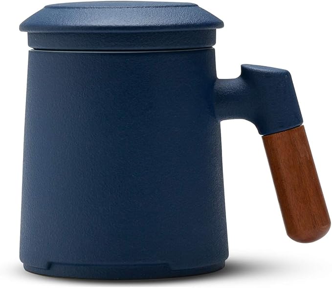 ZENS Tea Cup with Infuser and Lid for Loose Leaf Tea Steeper, 12oz Blue Ceramic Tea Mug with Fine Strainers, Wood Handle, Tea Lovers Gifts