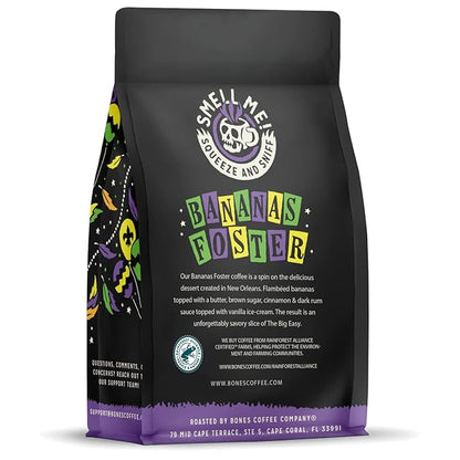 Bones Coffee Company Bananas Foster, Banana, Rum and Vanilla Flavored Coffee, Medium Roast Low Acid Arabica Beans Compatible with Auto drip and French Press Coffee Maker, 12 Oz Whole Bean