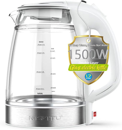 Glass & Stainless Steel Cordless Electric kettle for boiling water, Hot water boiler Electric Tea Kettle automatic shut off Boil-Dry Protection, PC Outer + Glass Inner, 1500W, 1.7L, WH